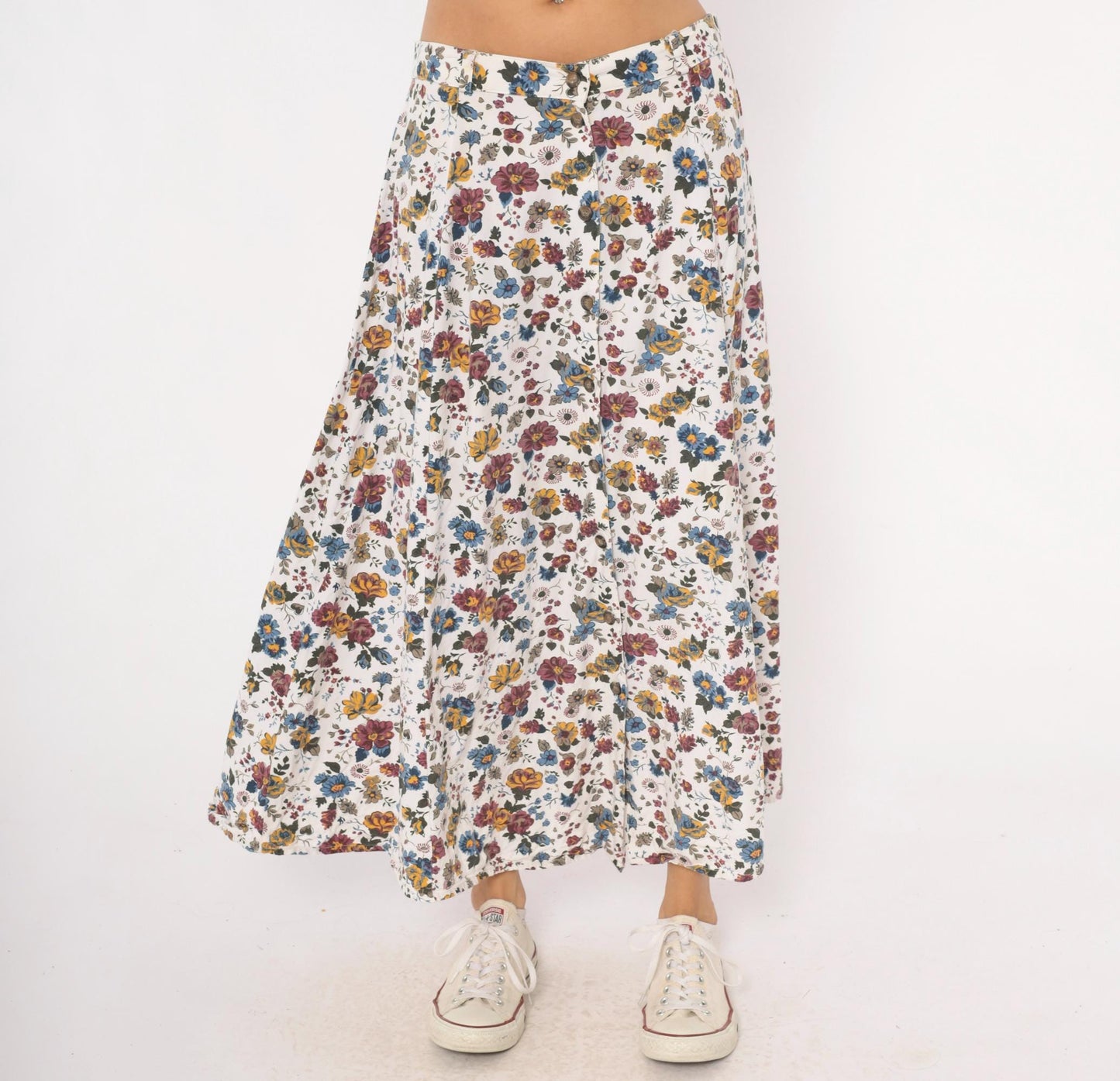 90s White Stag Floral Maxi Skirt Burgundy Mustard Garden Print Large L