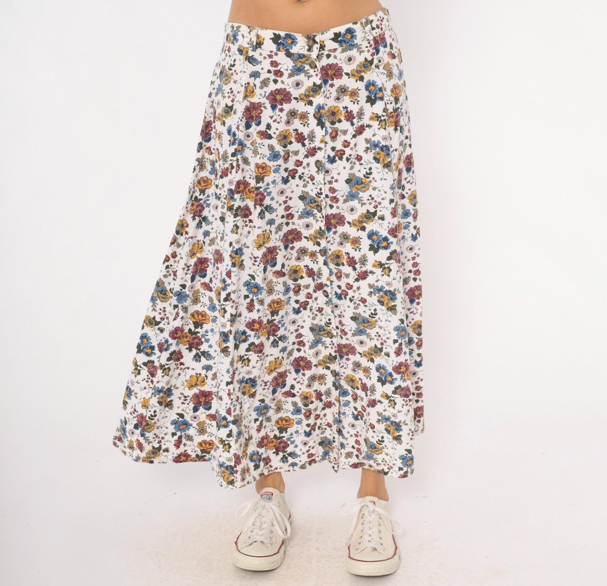 90s White Stag Floral Maxi Skirt Burgundy Mustard Garden Print Large L