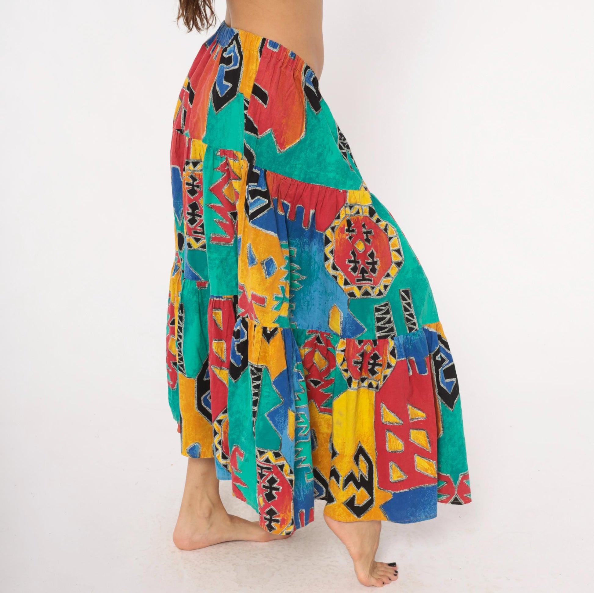 90s Tribal Print Maxi Skirt Teal Red Yellow Blue Tiered Cotton One Size