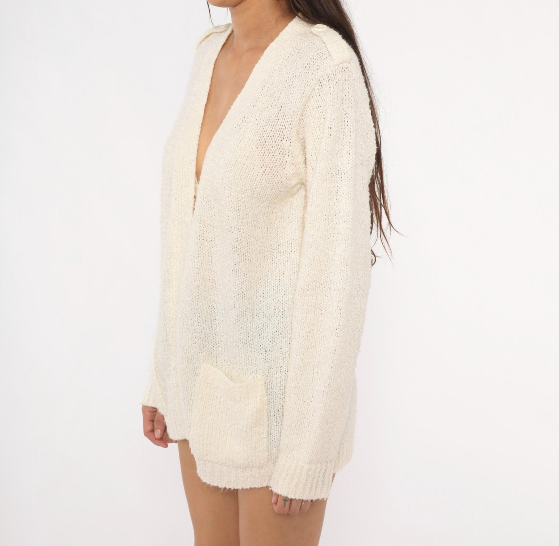 70s LeRoy Knitwear Open Front Cardigan Cream Bouclé Deep V Neck Medium