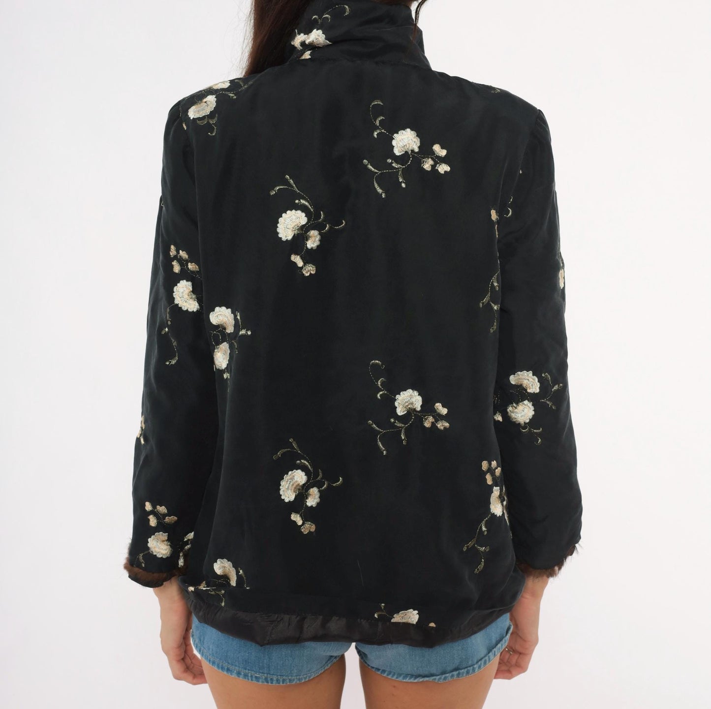 90s Esme Black Silk Jacket Embroidered Floral Mandarin Collar Quilted Small S