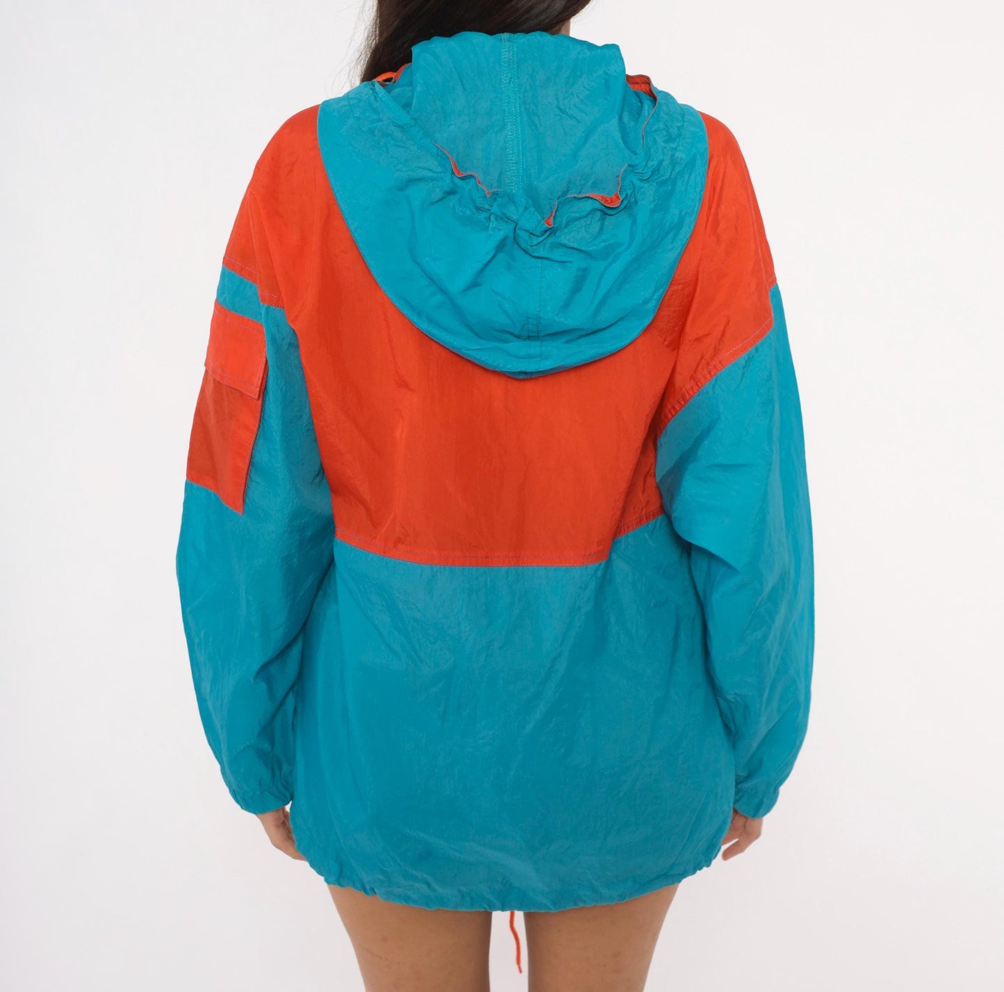 80s Sbi Teal Orange Colorblock Windbreaker Hooded Nylon Jacket Small