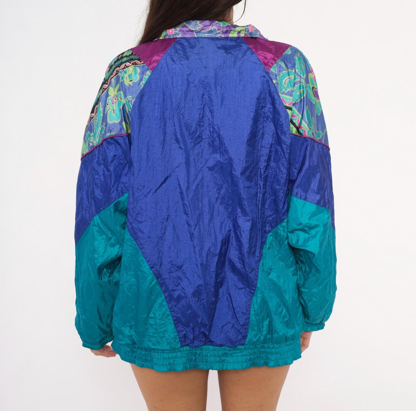 90s Bold Spirit Colorblock Windbreaker Teal Purple Geometric Floral Extra Large XL