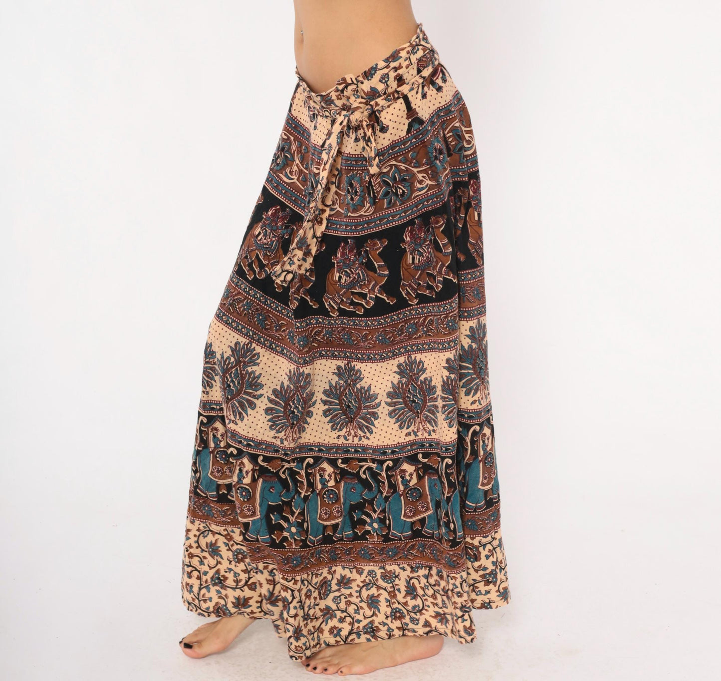 90s Indian Block Print Cotton Wrap Skirt Elephant Peacock Tan Black Teal Small-Large