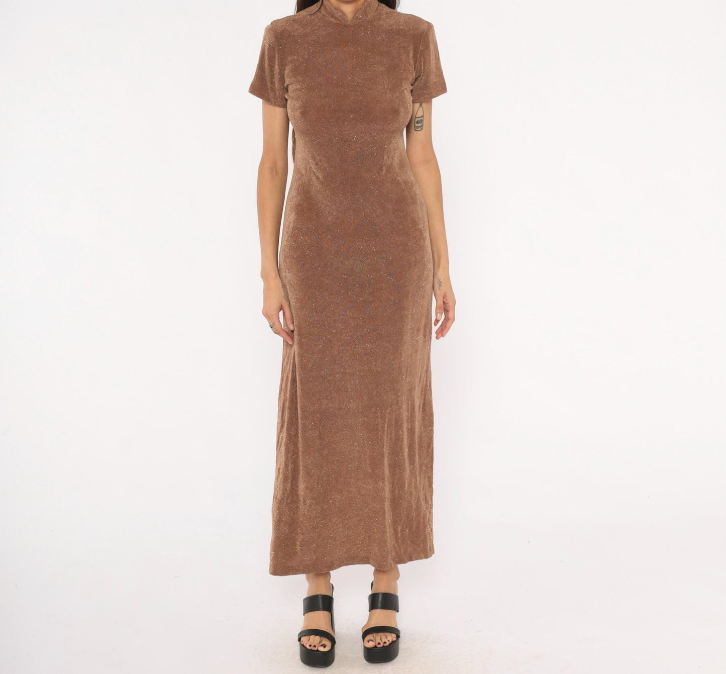 90s Jessica Howard Mocha Velvet Maxi Dress Glitter Mock Neck Small
