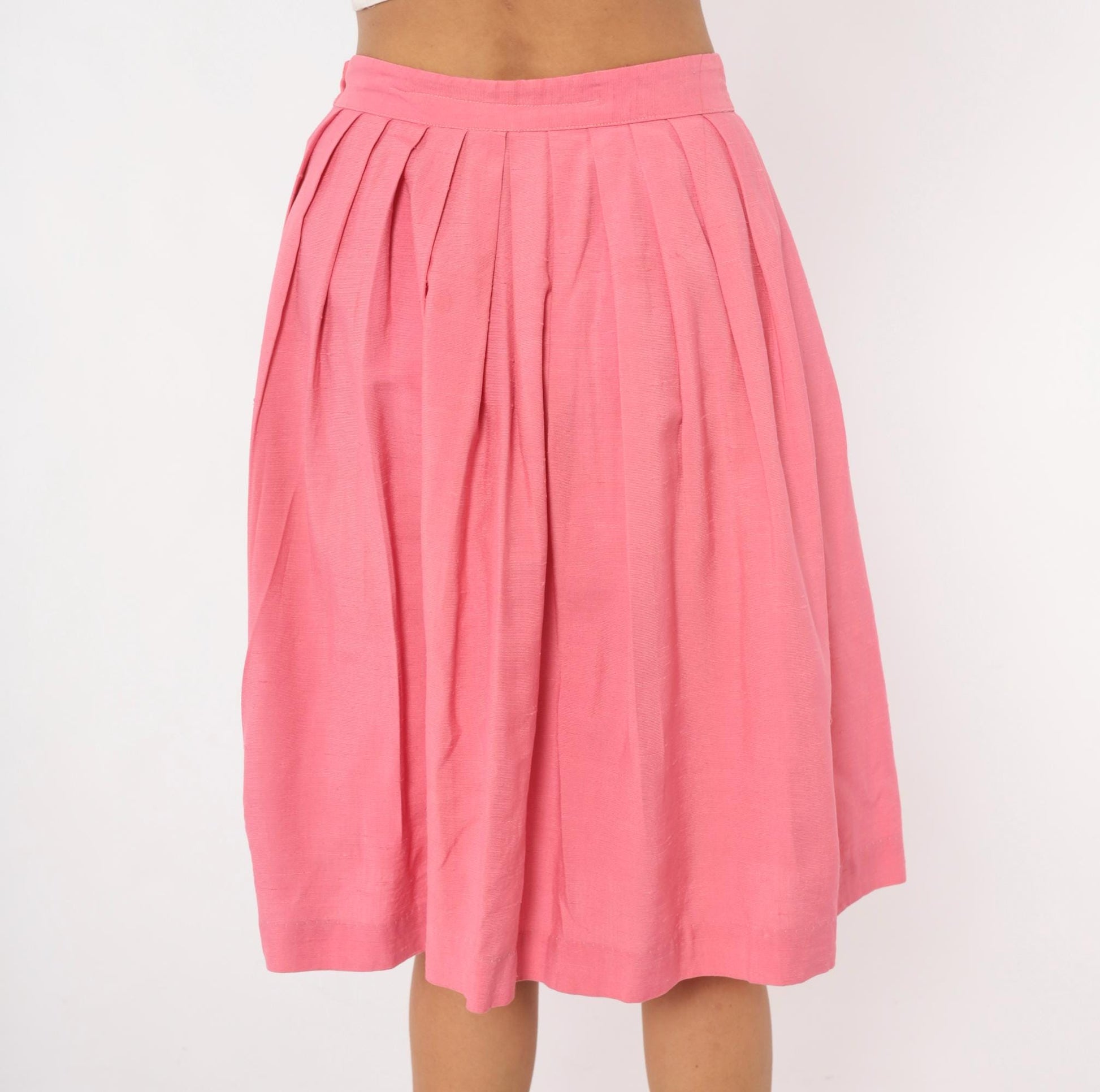 60s Pink Pleated Skirt High Waist Bubble Bow Tie Full Skirt Small
