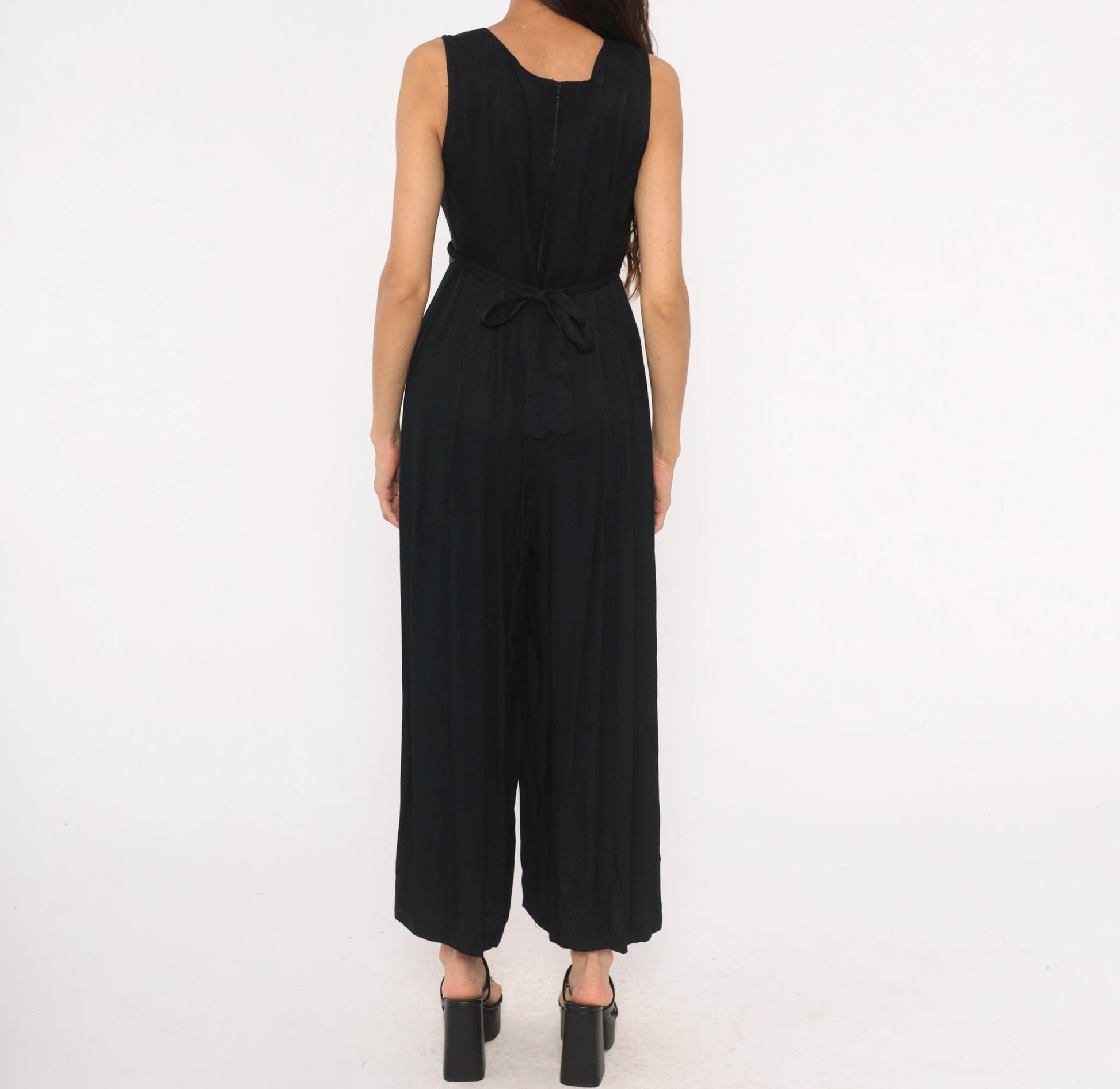 90s Jeffrey & Dara Black Wide-Leg Jumpsuit Pleated Waist Tie-Back Medium M