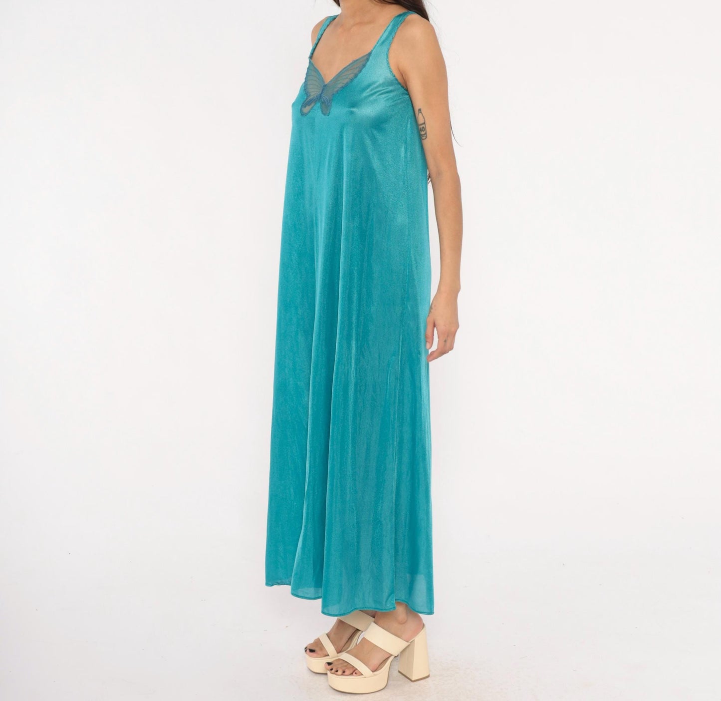 70s Undercover Wear Teal Maxi Nightgown Butterfly Mesh V-Neck Small