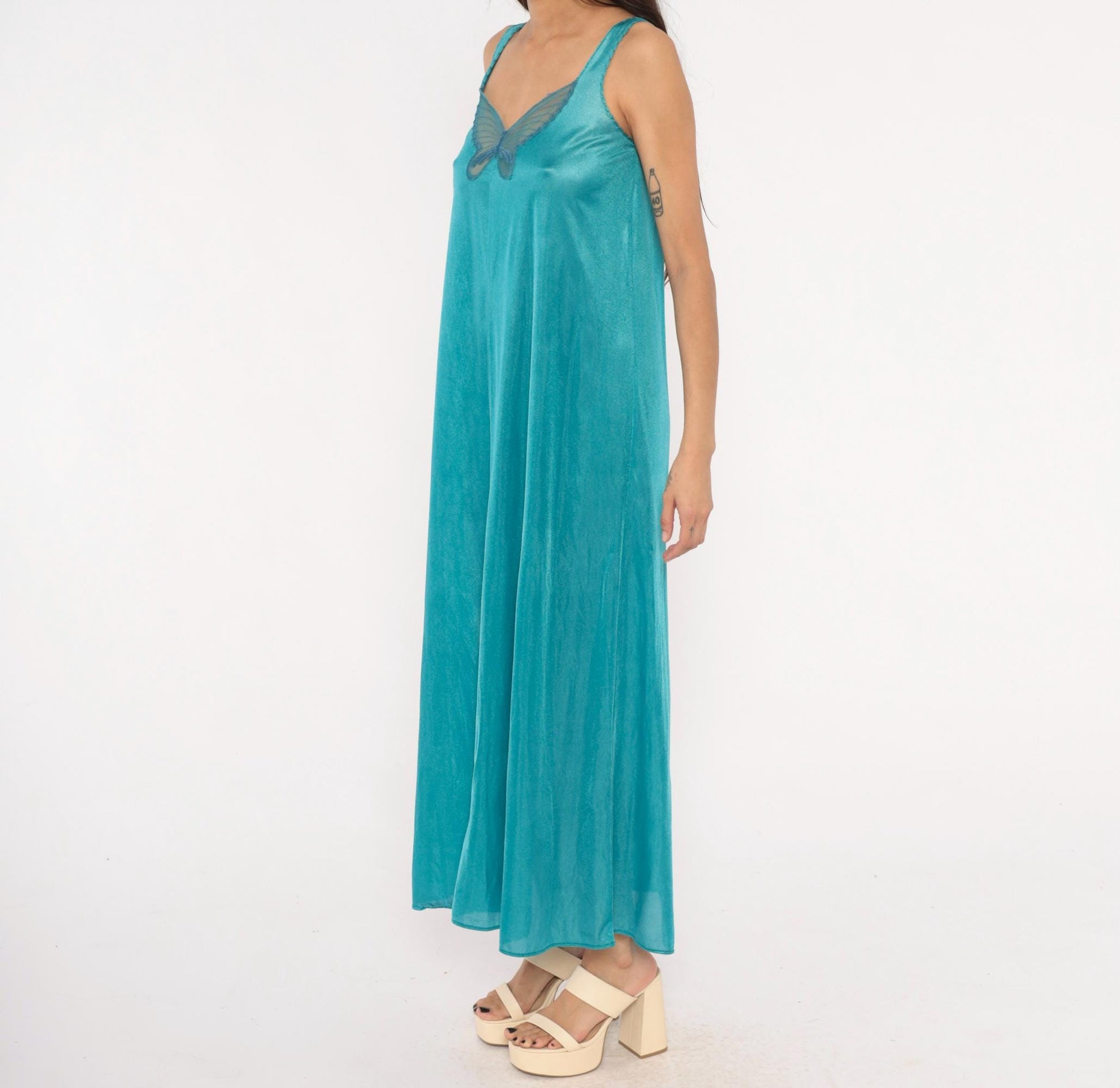 70s Undercover Wear Teal Maxi Nightgown Butterfly Mesh V-Neck Small