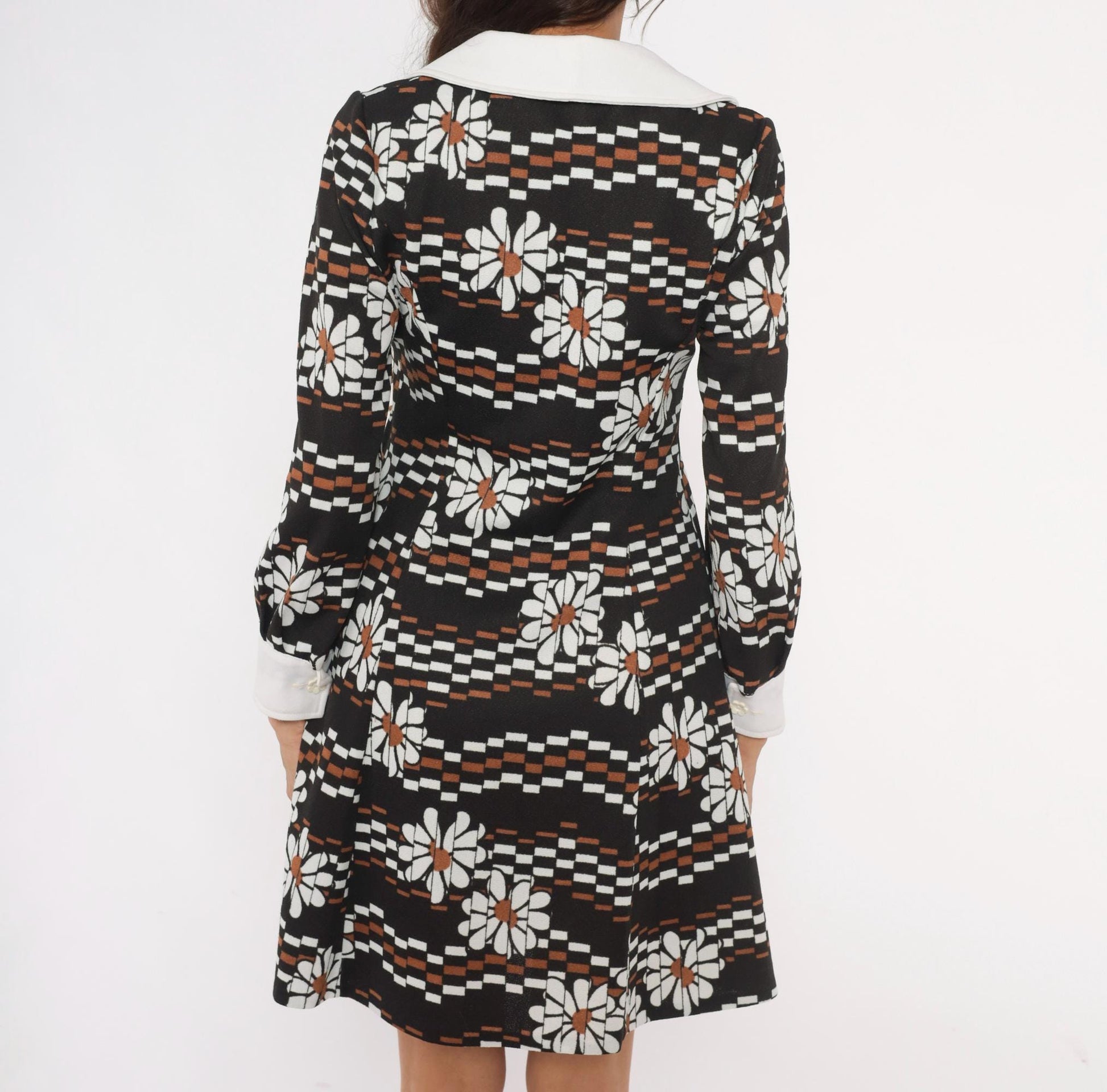 70s Daisy Print Mini Babydoll Dress Black White Checkered Collar Medium M