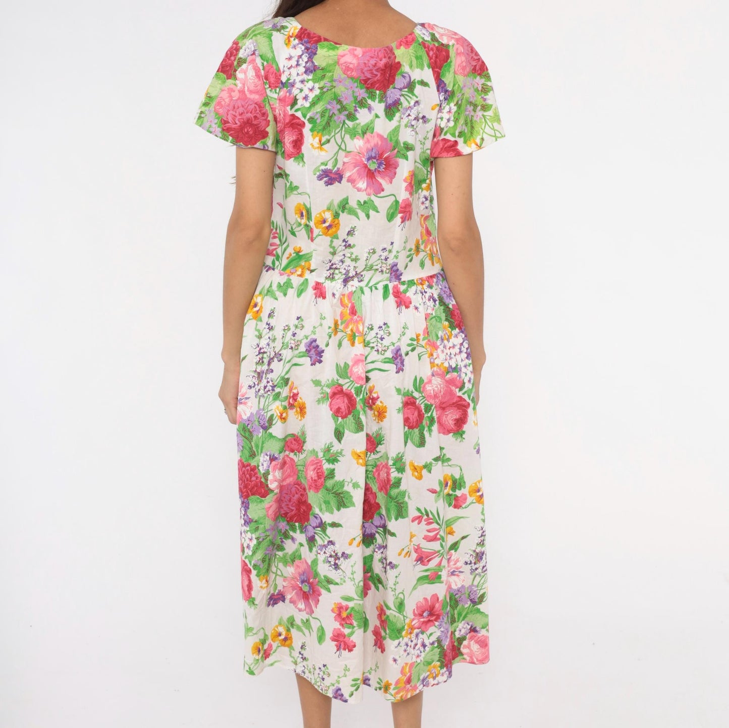 80s Dawn Joy Fashions Floral Midi Dress Cotton Pink Rose Garden Print Medium