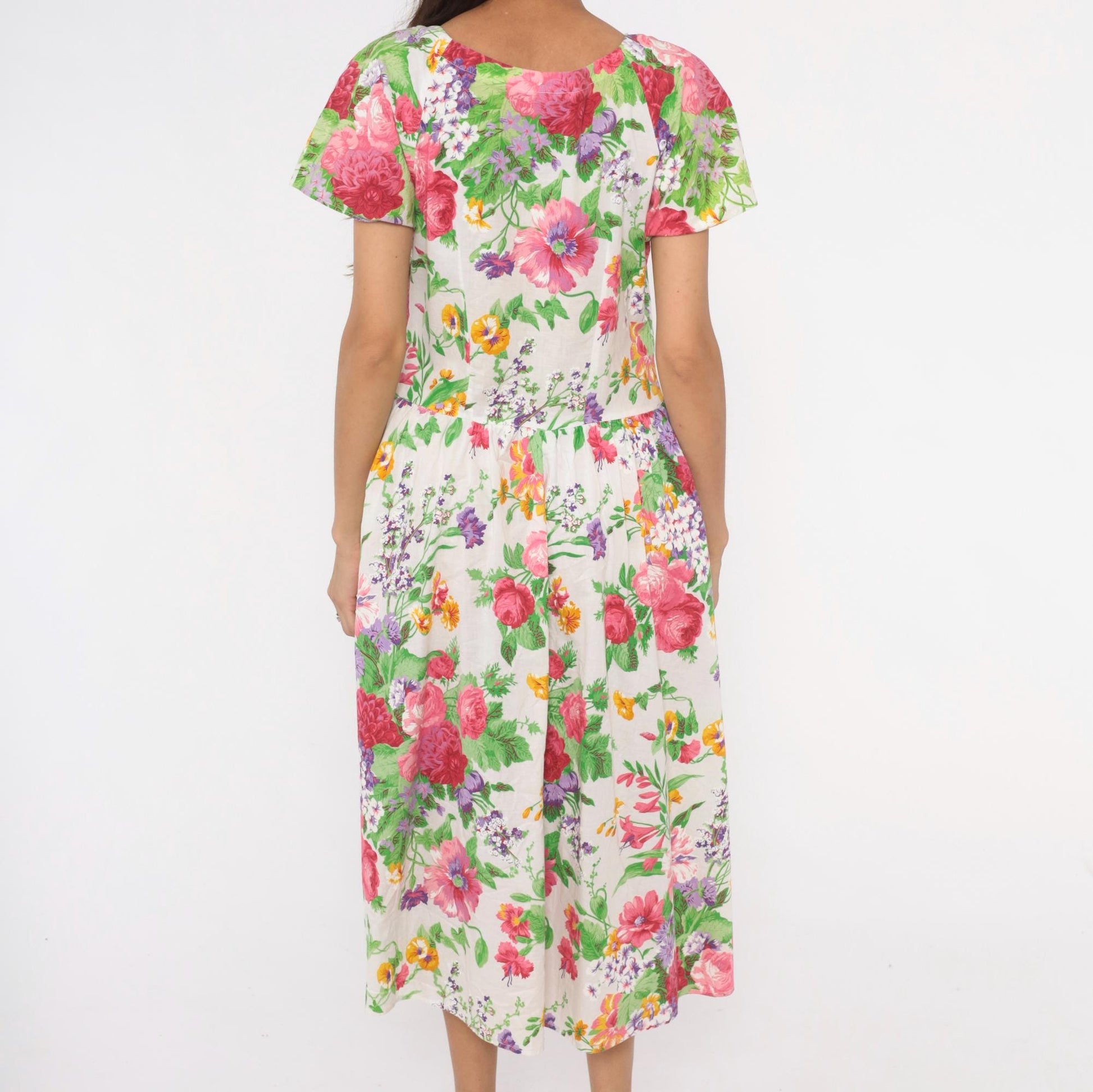 80s Dawn Joy Fashions Floral Midi Dress Cotton Pink Rose Garden Print Medium