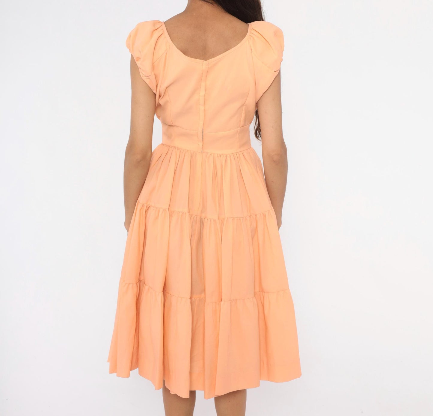 60s Peach Puff Sleeve Tiered Dress Gathered Bodice Knee Length Small