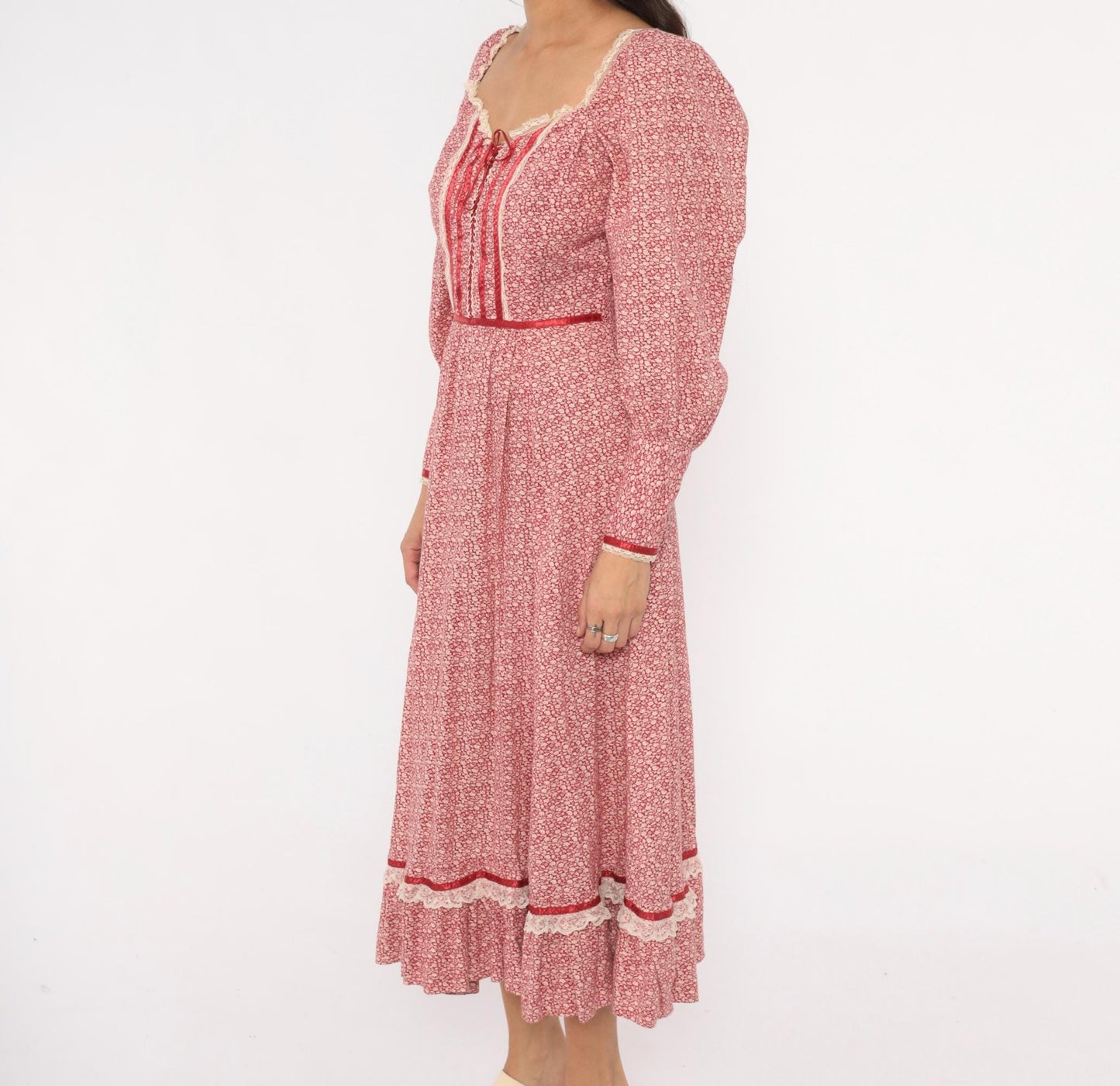 70s Wildes Red Calico Prairie Dress Lace Corset Puff Sleeve Maxi Small