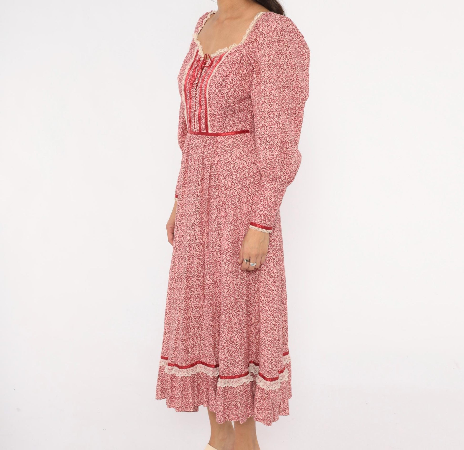 70s Wildes Red Calico Prairie Dress Lace Corset Puff Sleeve Maxi Small