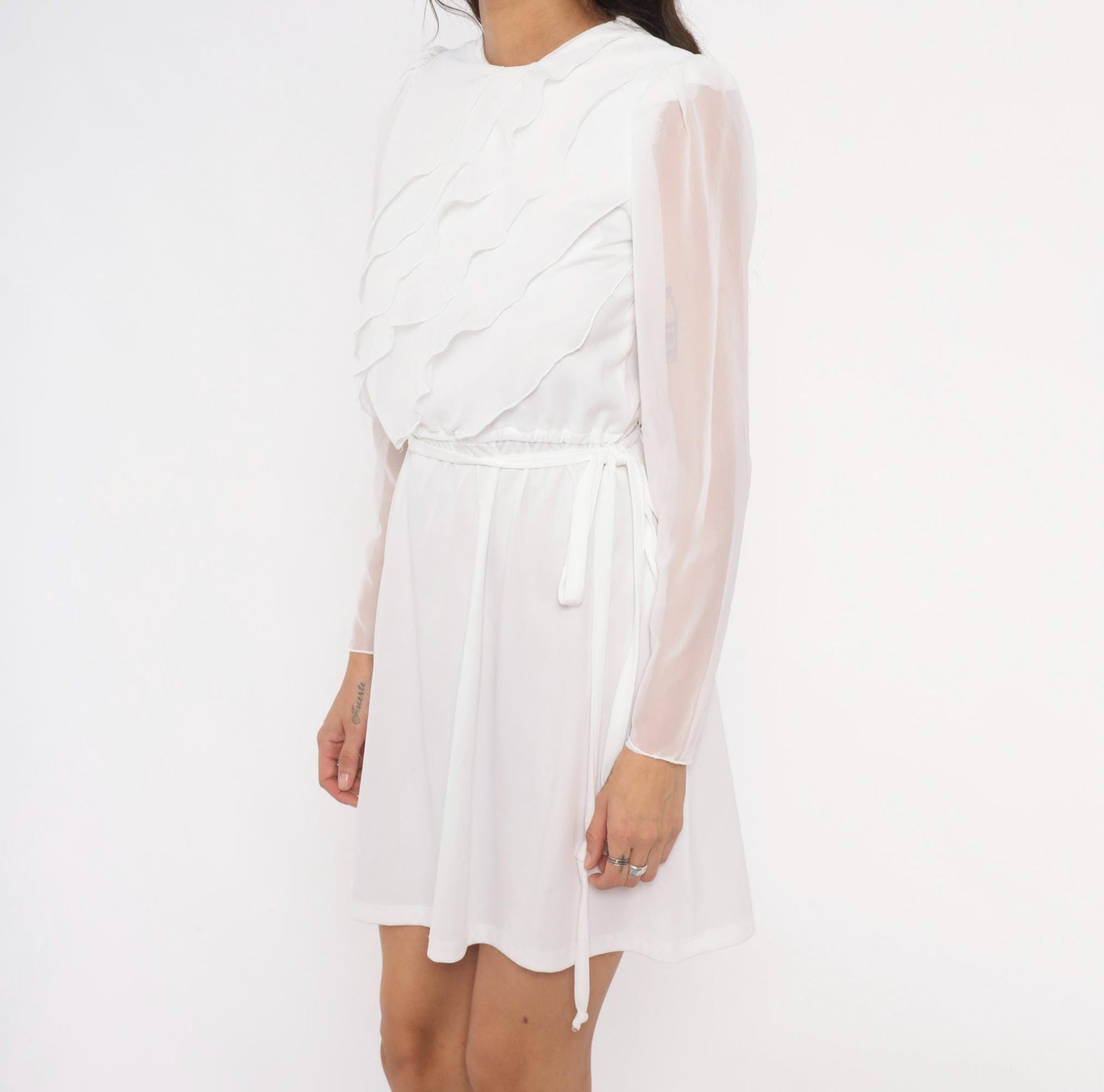 70s White Mini Dress Tiered Ruffle Chiffon Long Sleeve Crew Neck Small