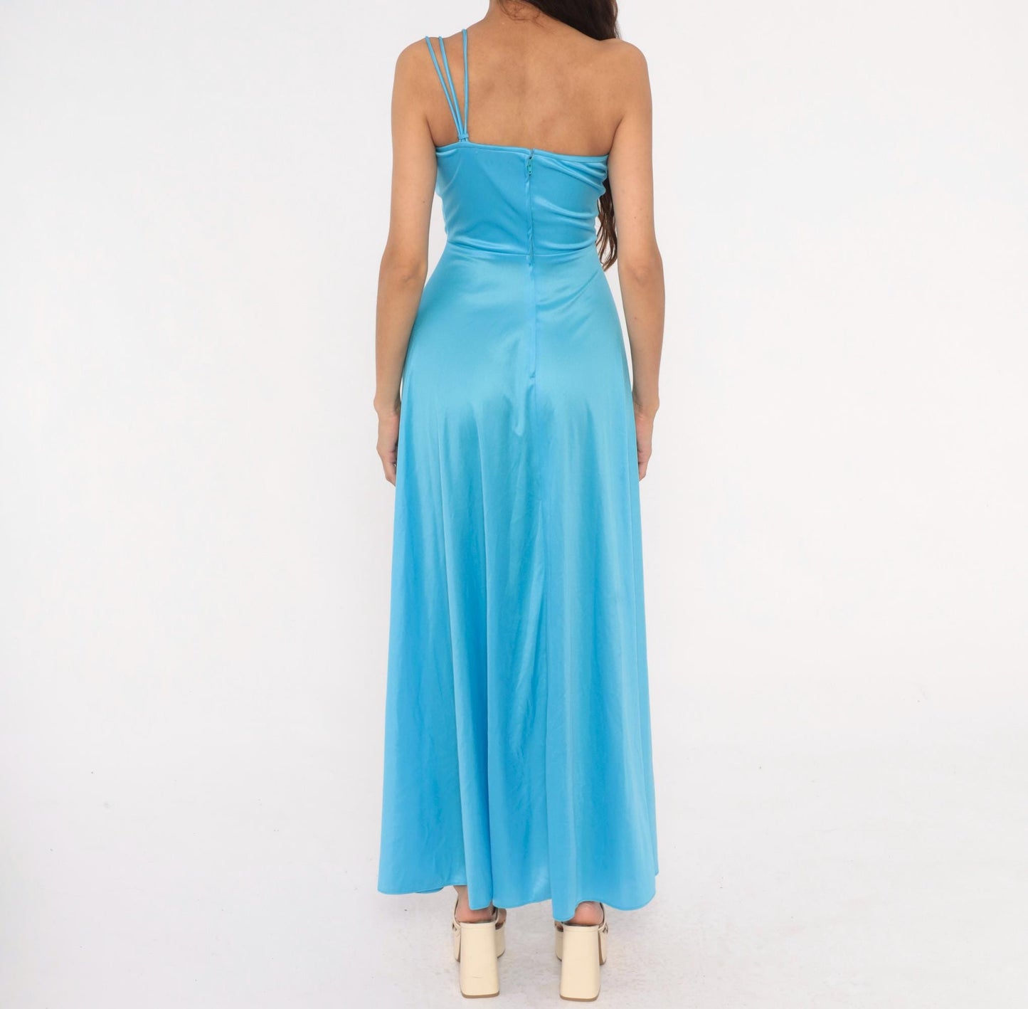 70s Sky Blue One-Shoulder Maxi Gown Asymmetric Draped Bodice Floor Length Extra Small XS