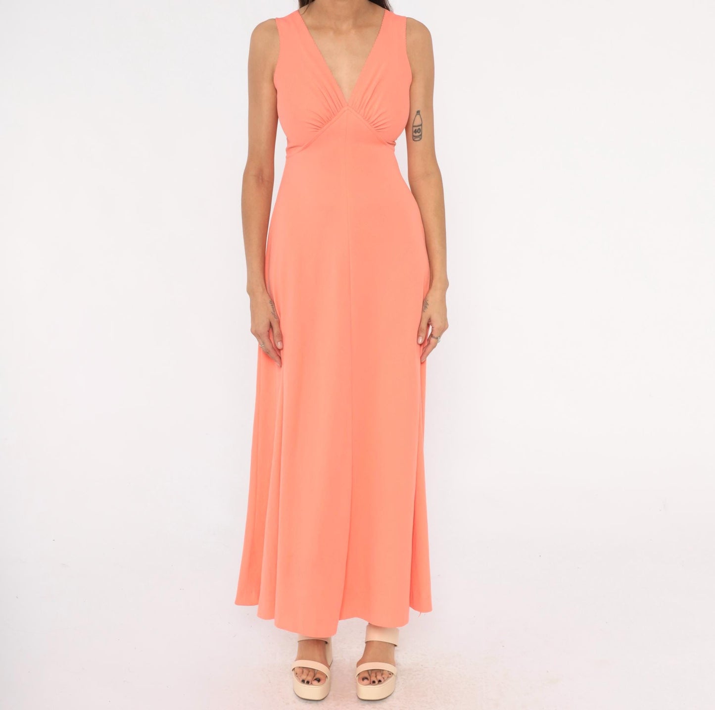 70s Coral Maxi Dress Sleeveless V Neck Empire Waist A-Line Small S
