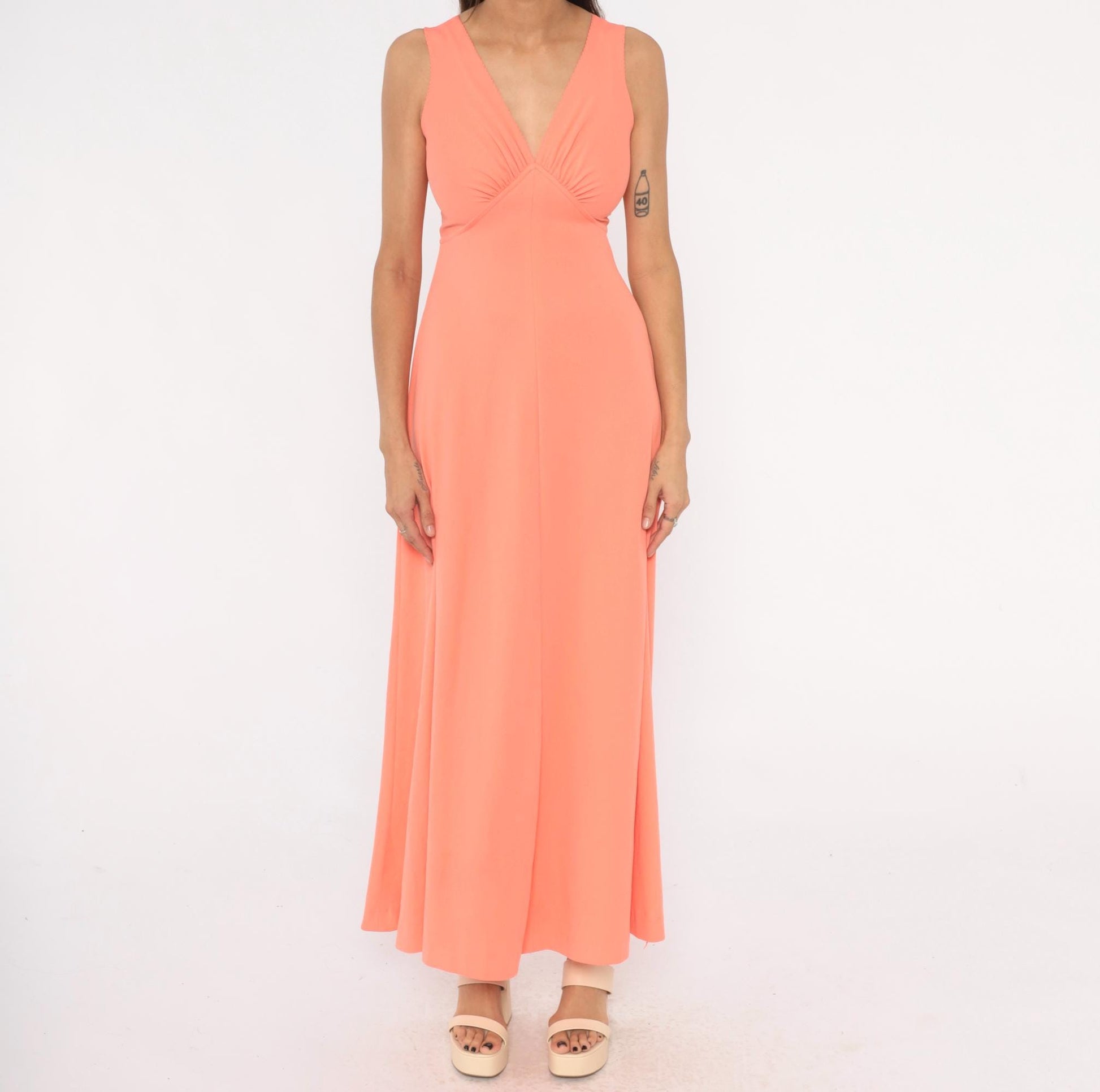 70s Coral Maxi Dress Sleeveless V Neck Empire Waist A-Line Small S