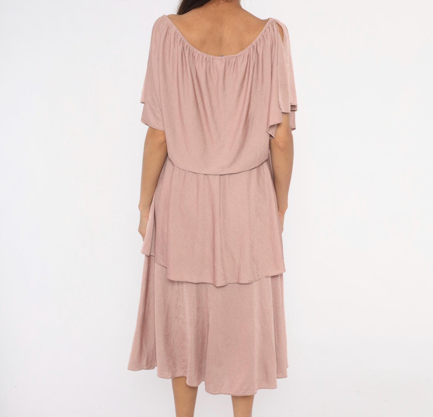 70s The Dress Mauve Tiered Midi Dress Flutter Sleeve Cold Shoulder Medium