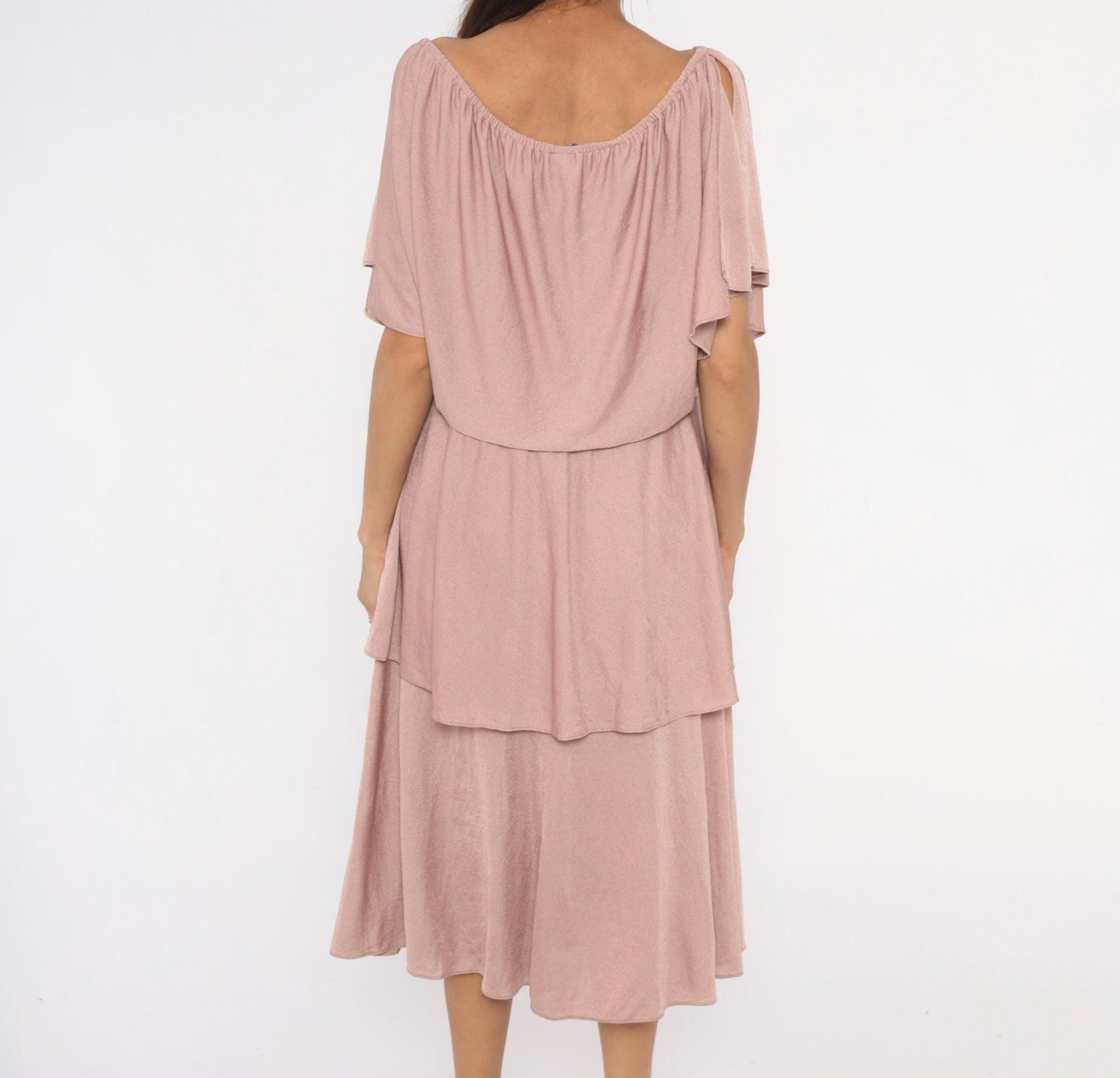 70s The Dress Mauve Tiered Midi Dress Flutter Sleeve Cold Shoulder Medium