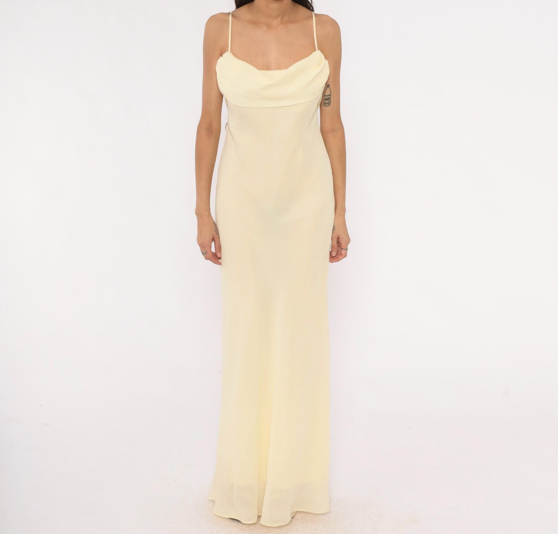 70s Jody Pale Yellow Cowl Neck Maxi Gown Spaghetti Strap Medium M
