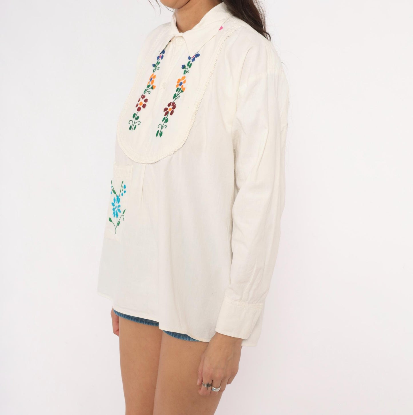 70s Mexican Embroidered Floral Blouse Cream Cotton Peasant Top Medium