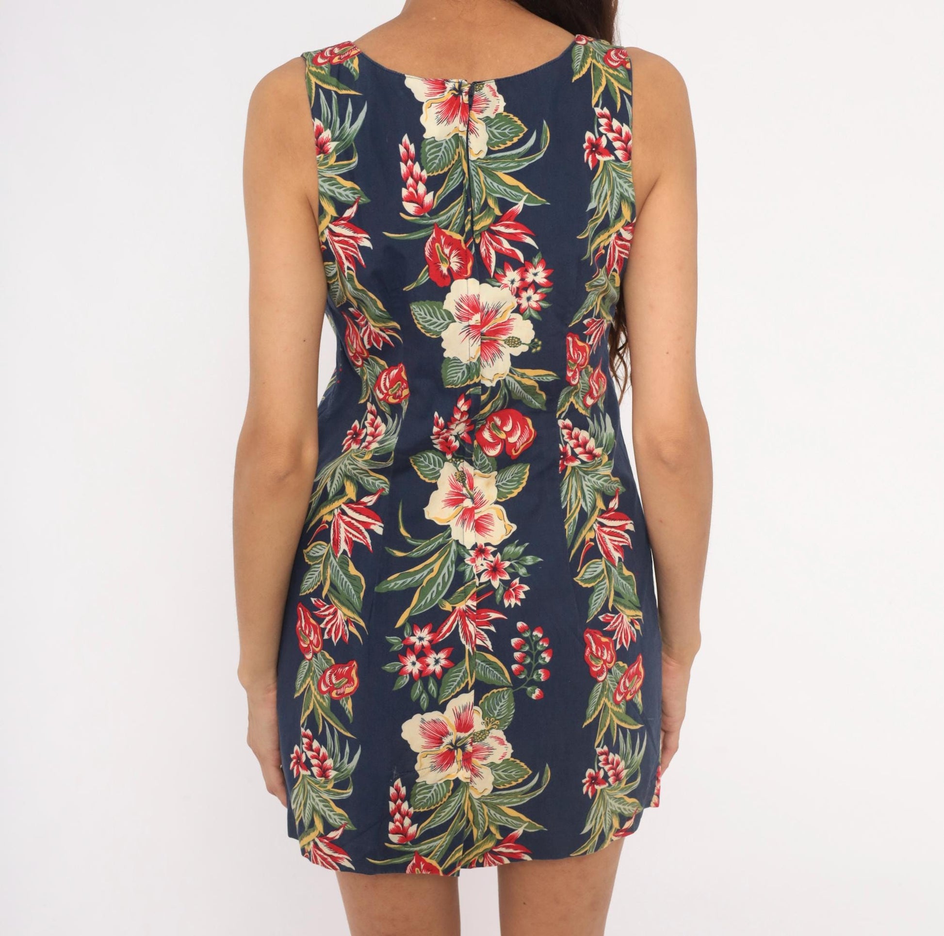 90s Chili Pepa Hawaii Tropical Mini Dress Navy Hibiscus Floral Cotton XS