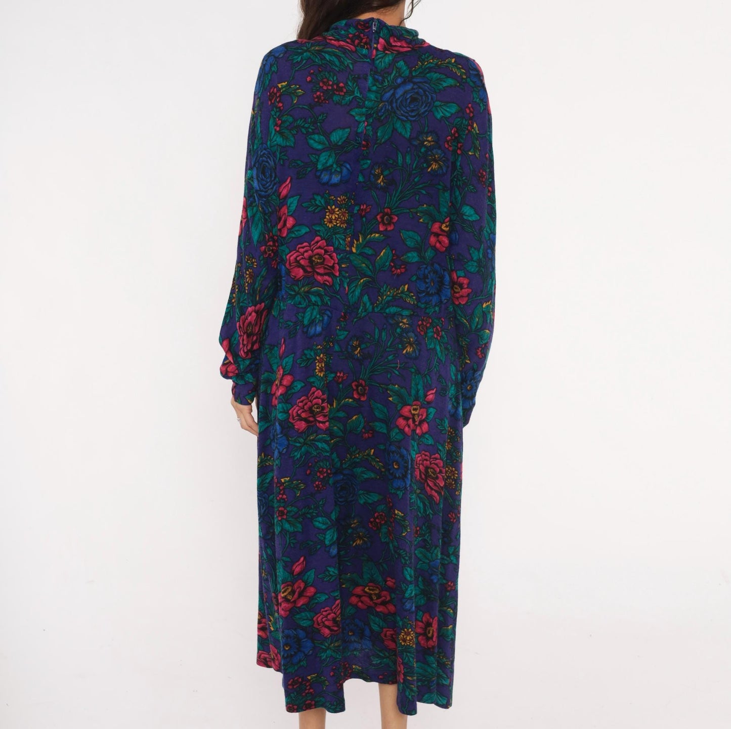 90s Alison J. Floral Mock Neck Midi Dress Purple Teal Long Sleeve Large L