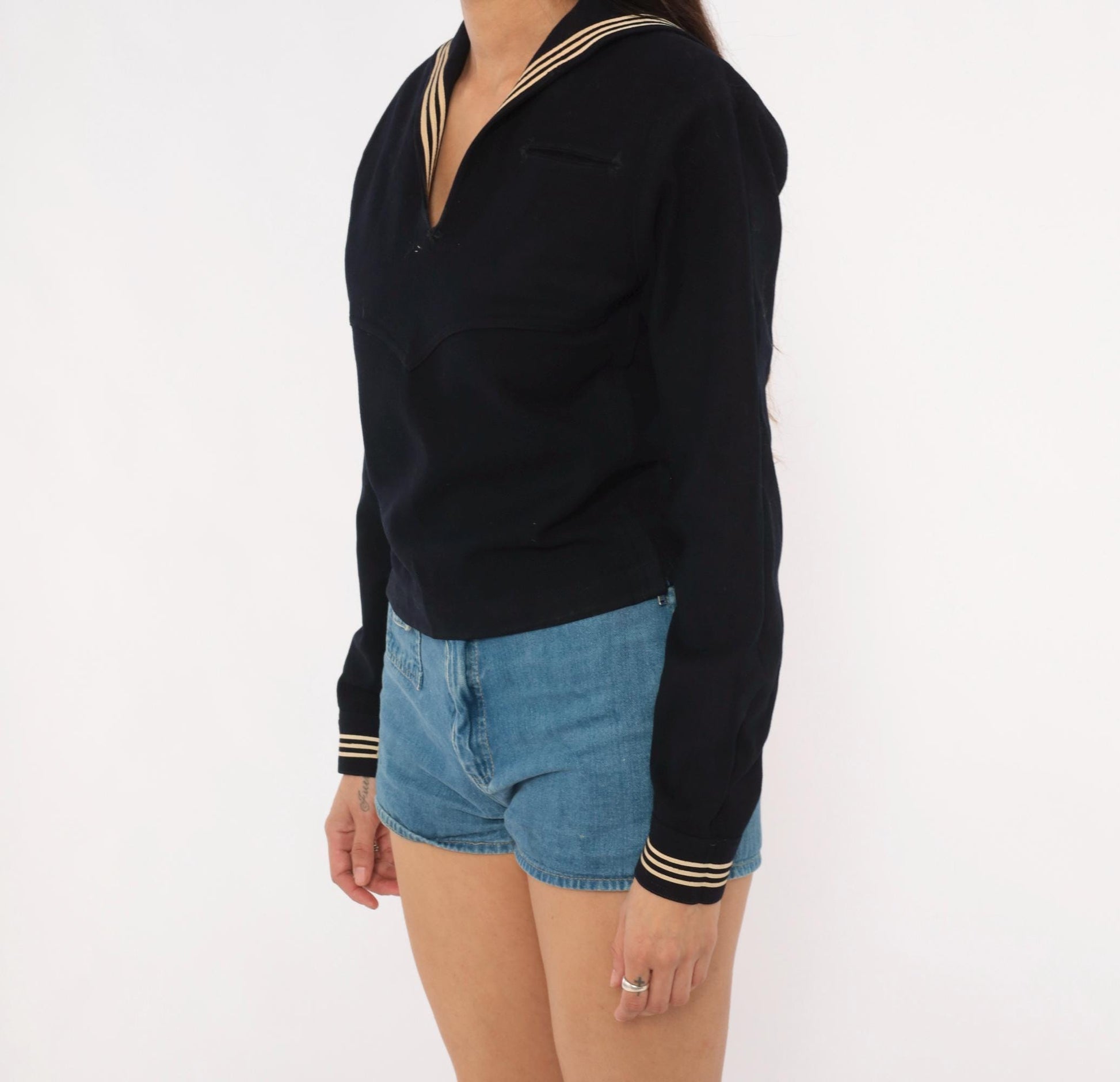 1940s Navy Wool Sailor Middy Blouse Embroidered Stars Small