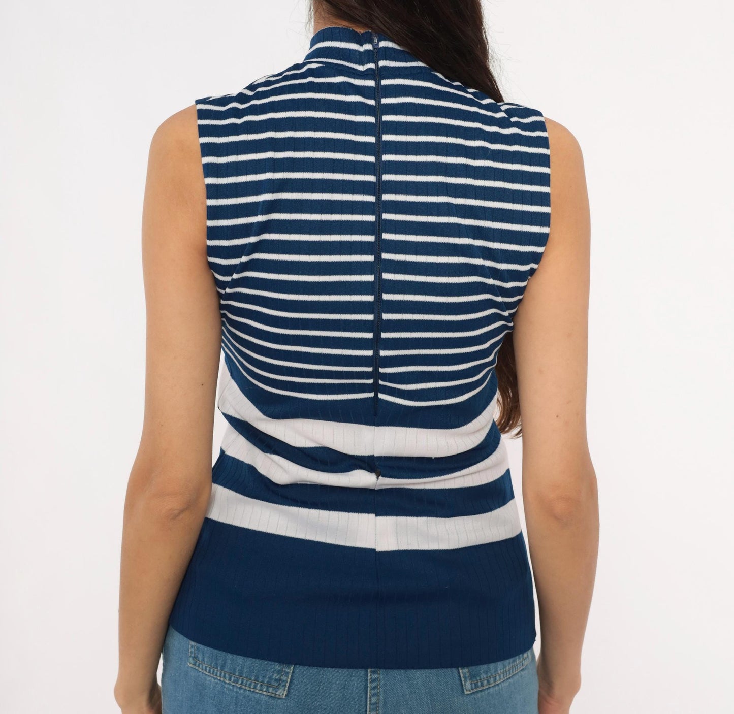 70s Navy White Striped Mock Neck Tank Ribbed Knit Sleeveless Top Small