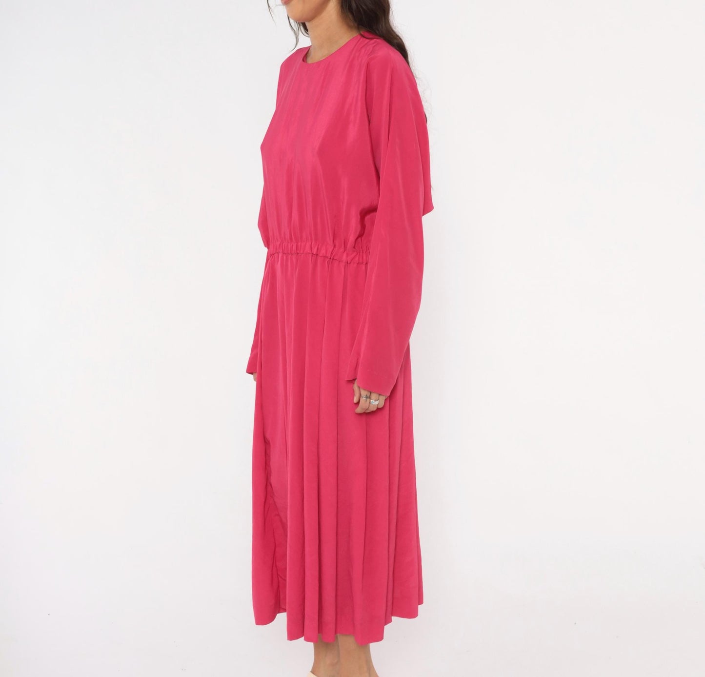 1980s J.Ellis II Fuchsia Midi Dress Blouson Waist Pleated Skirt Extra Large