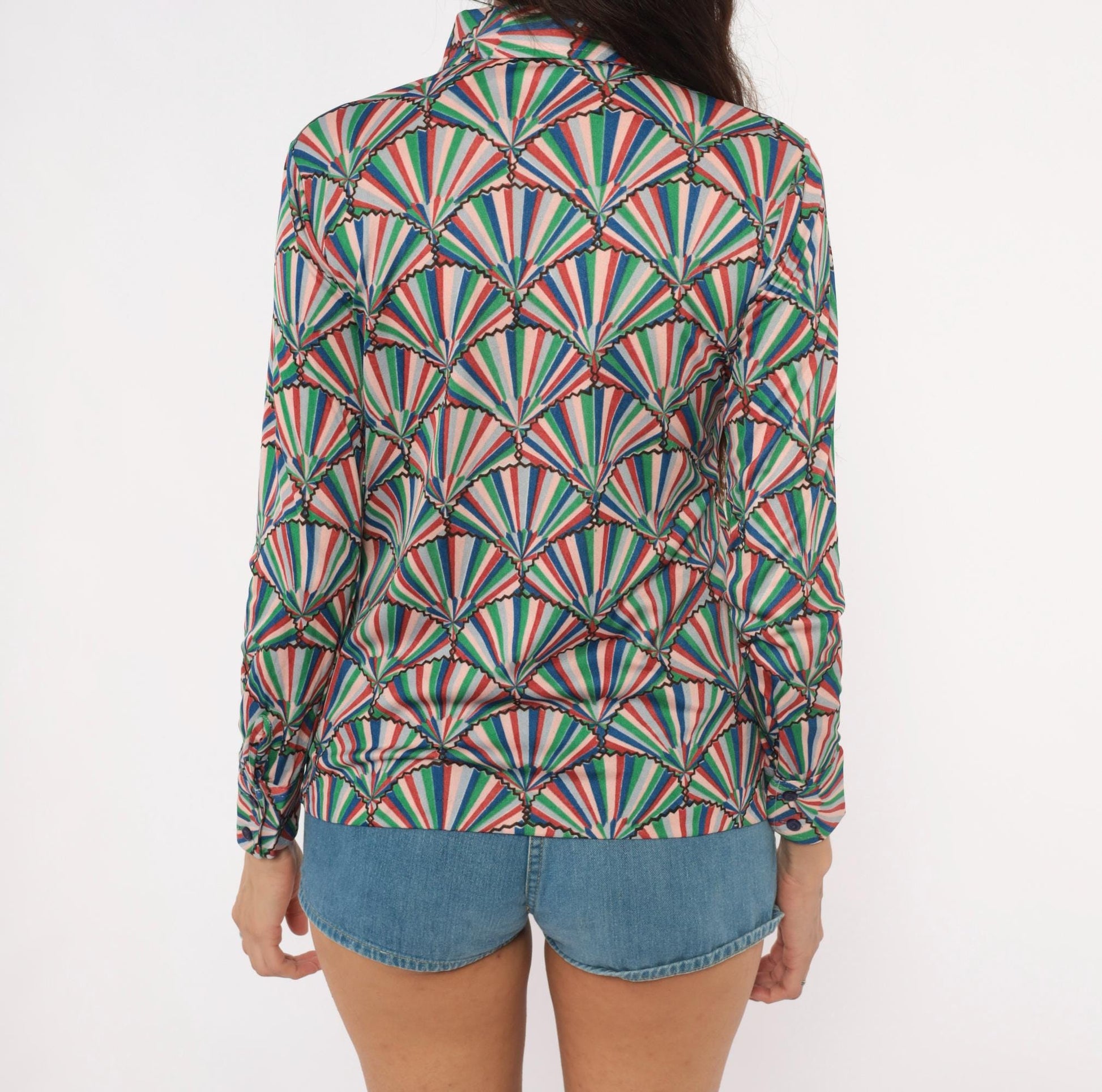 70s Helen Sue Fan Print Shirt Geometric Button Front Pointed Collar Small