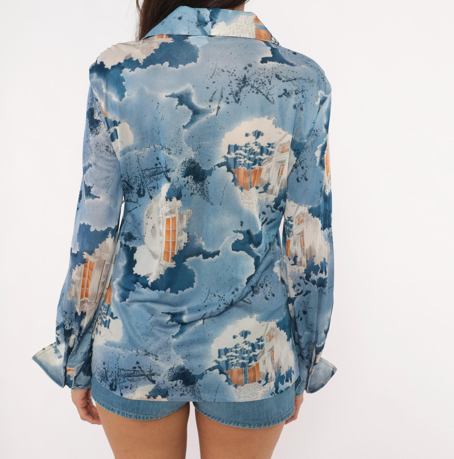 70s Triumph of California Architectural Print Shirt Blue Pointed Collar Medium