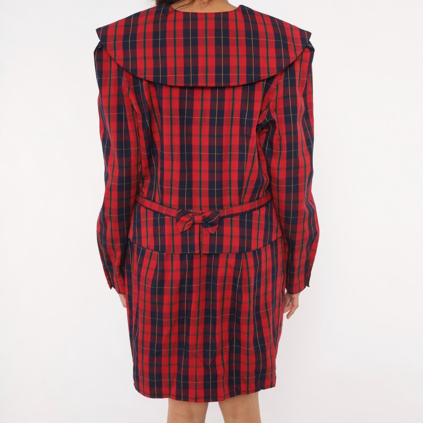 80s Sharon Young Plaid Shift Dress Red Navy Tartan Peter Pan Collar Large L