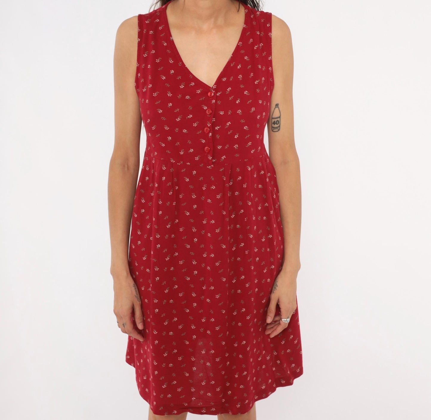 90s Motherhood Ditsy Floral Sundress Red Sleeveless Babydoll Medium M