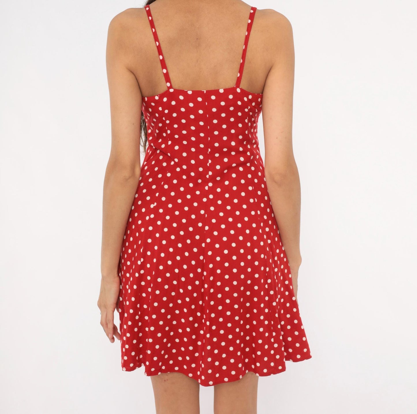 90s Moda INTL Red Polka Dot Sundress Spaghetti Strap V Neck Mini Small S