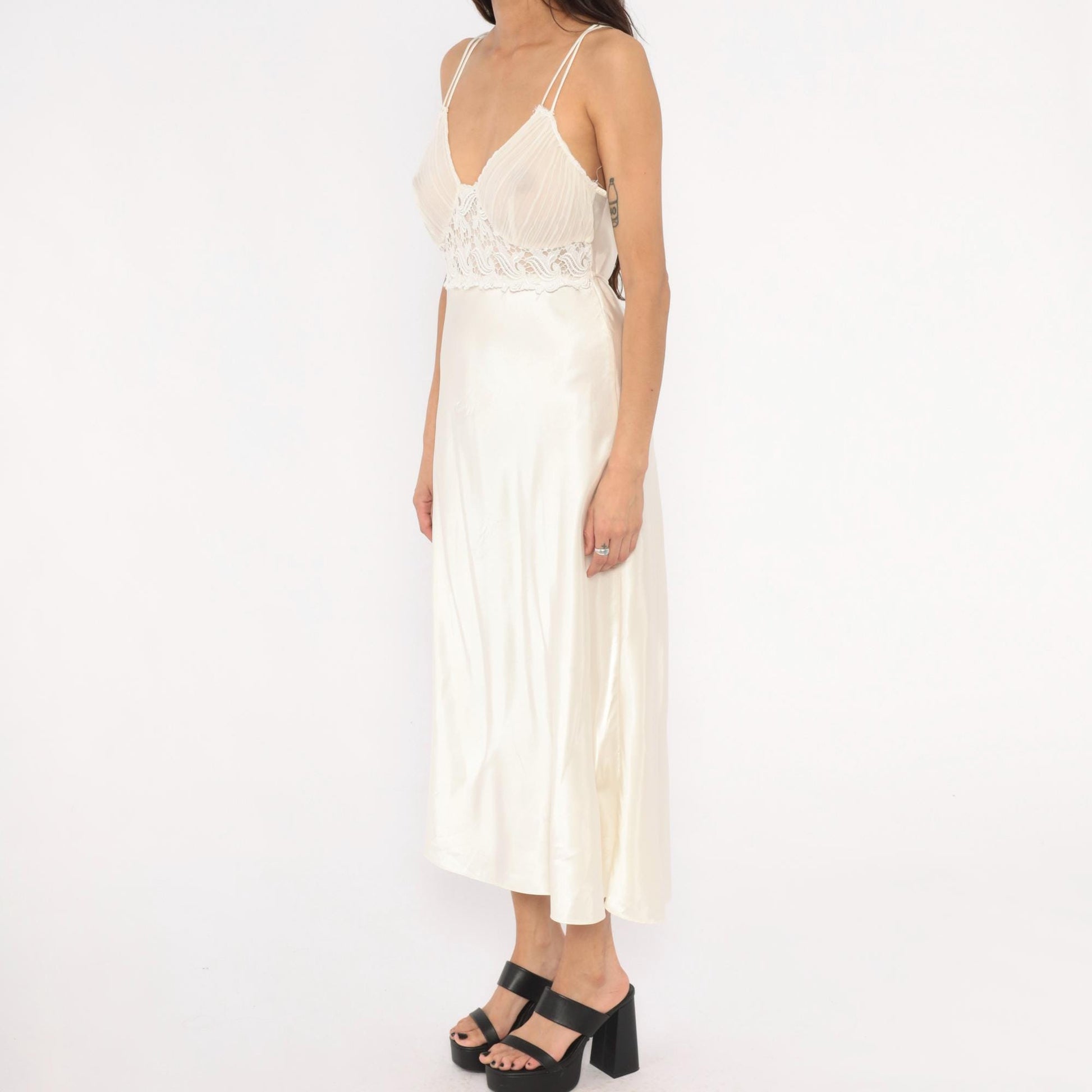 90s Just Flora Cream Satin Slip Dress Midi Lace Pleated Bust V Neck Large L