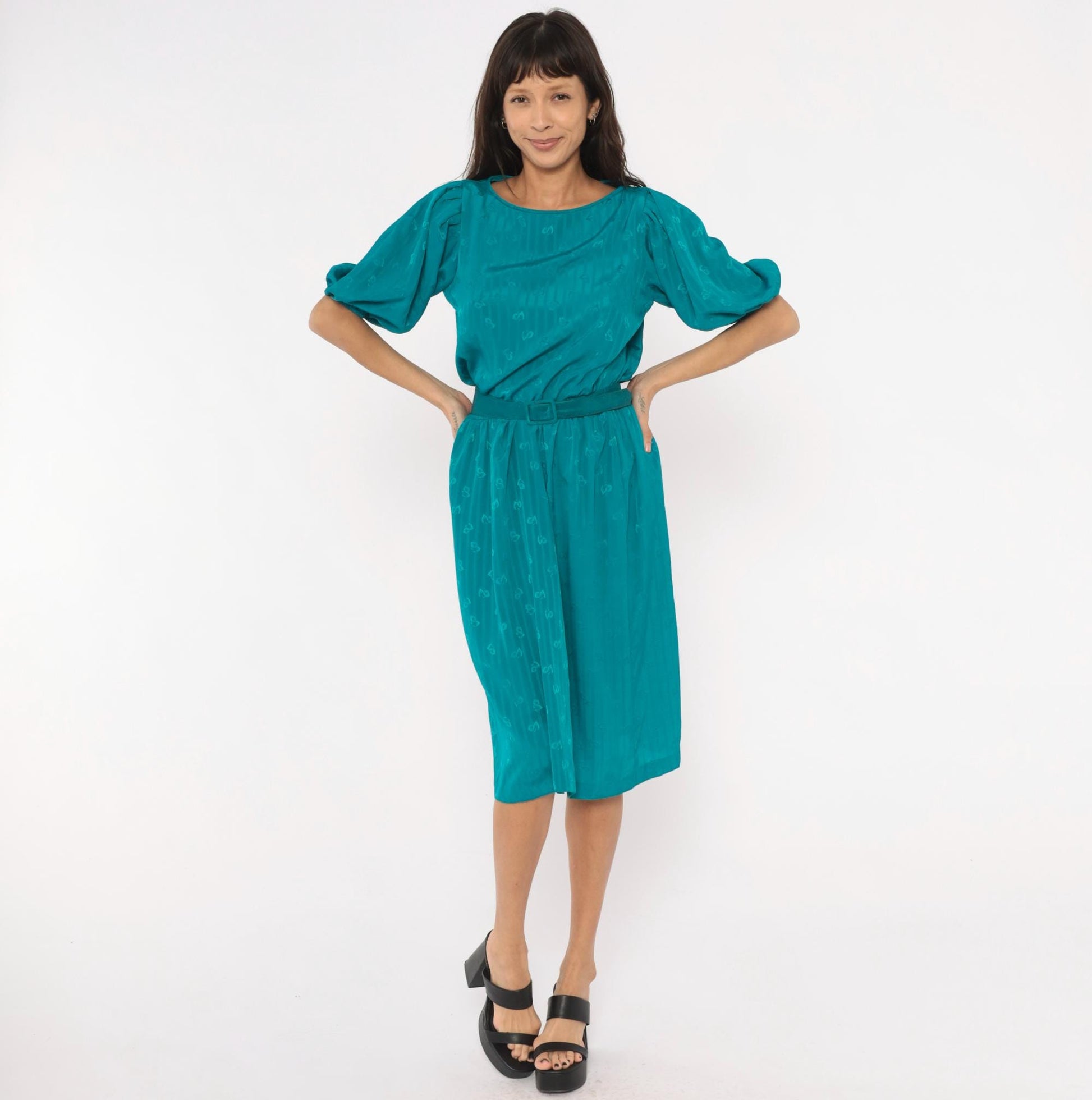 80s Liz Roberts Teal Jacquard Dress Puff Sleeve Boat Neck Knee-Length Medium