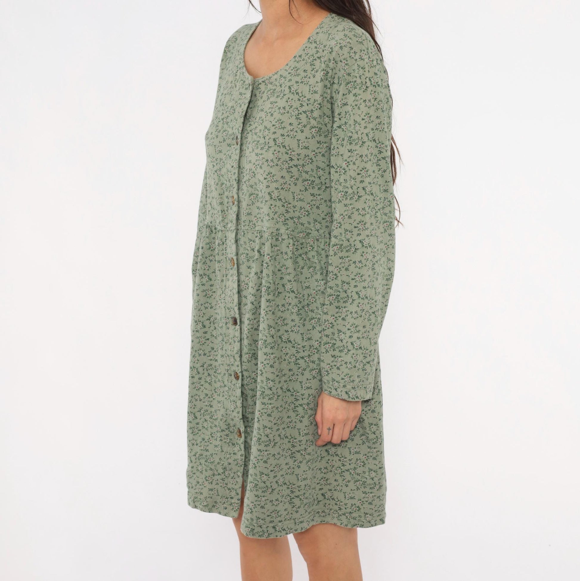 90s Sage Green Floral Button Front Dress Long Sleeve Cotton Prairie Gathered Waist Large L