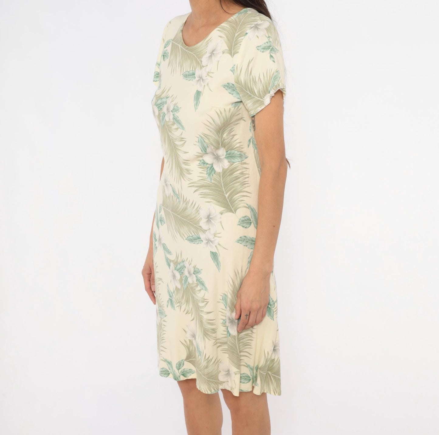 90s Hilo Hattie Hawaiian Dress Plumeria Palm Leaf Cream Olive Medium M