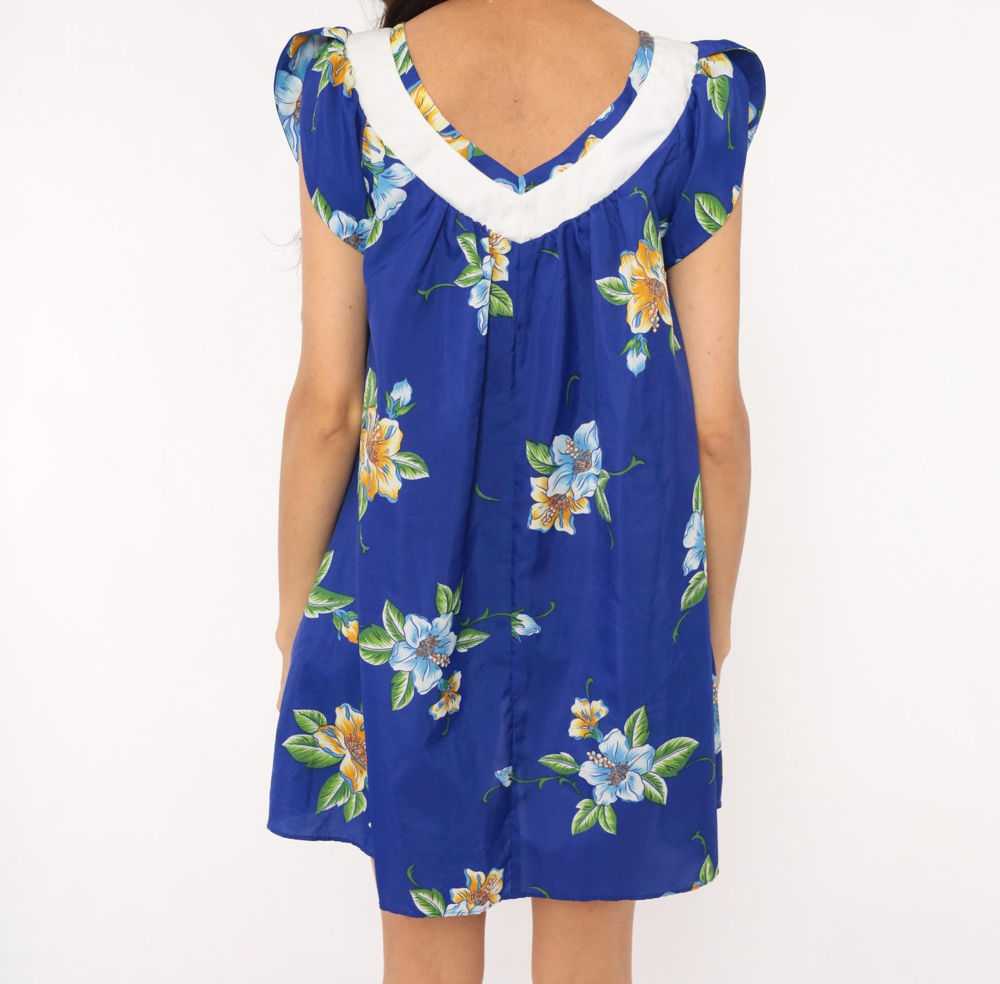 80s Hilo Hatties Hawaiian Floral Mini Dress Cobalt Blue Hibiscus Small S