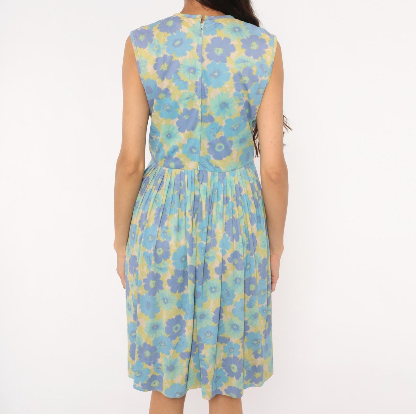 60s Carol Brent Floral Pleated Dress Blue Violet Yellow Knee-Length Medium M