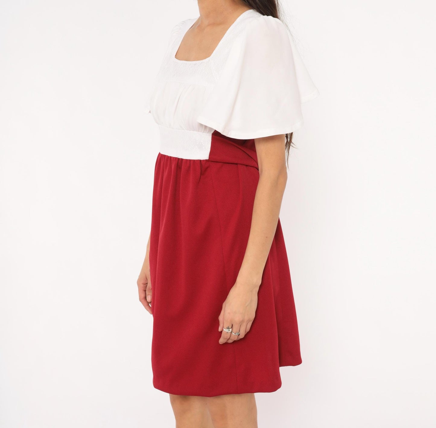 70s Burgundy Wine Mini Dress Ivory Bodice Puff Sleeve Square Neck Empire Waist Small
