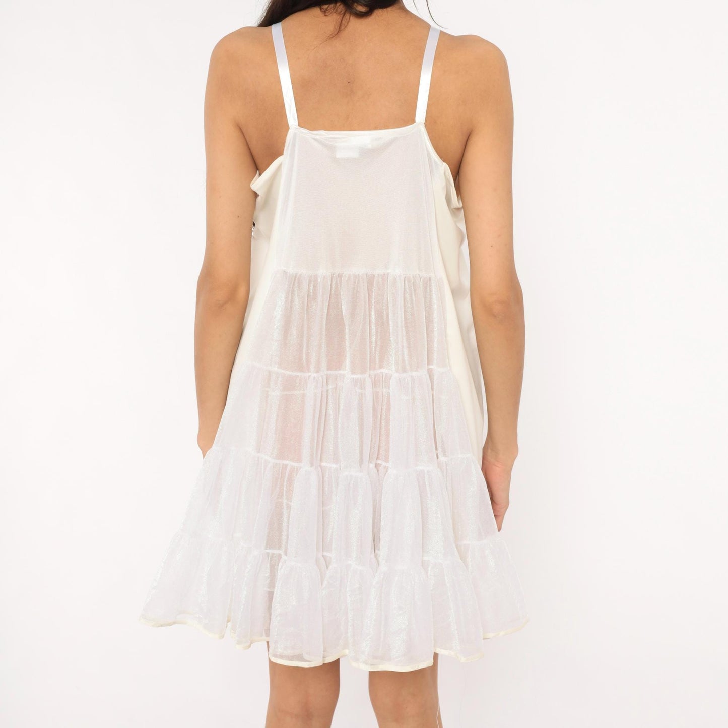 70s Storybook White Tiered Babydoll Slip Dress Mesh Overlay Cream Small