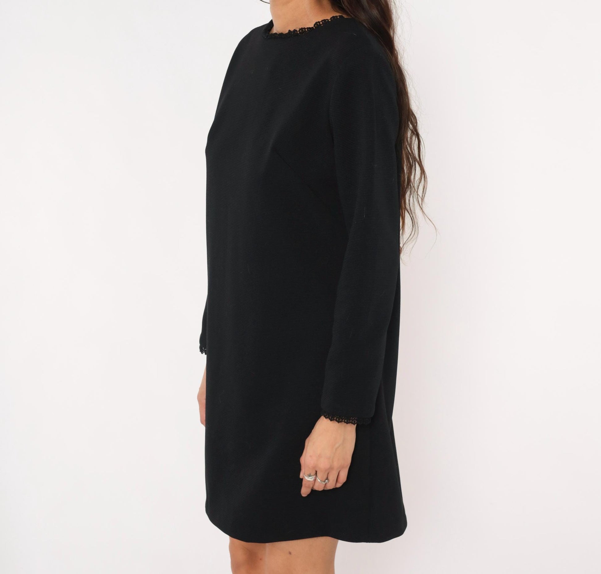 70s Meg Madison Black Shift Dress Lace Trim Long Sleeve Mini Crew Neck Large L