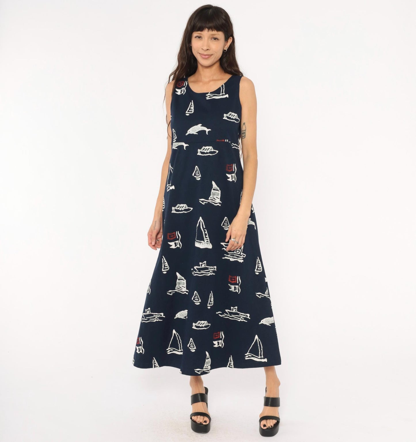 90s Copa Cabana Navy Nautical Maxi Dress Sailboat Dolphin Print Medium