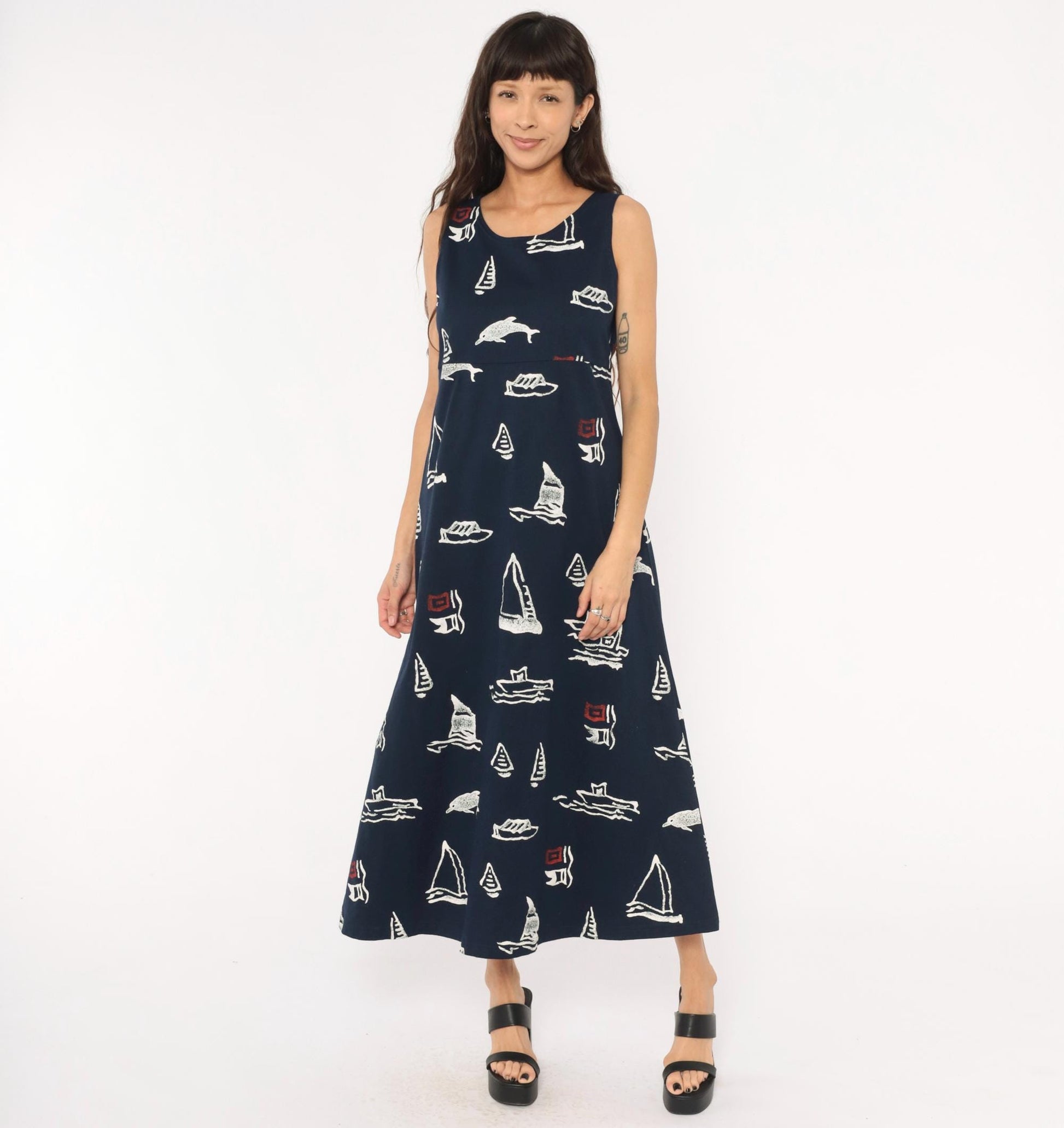 90s Copa Cabana Navy Nautical Maxi Dress Sailboat Dolphin Print Medium