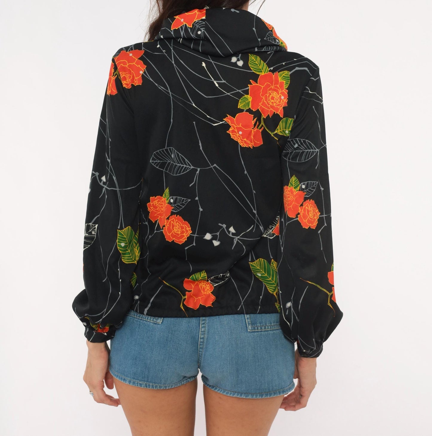 70s Lady Manhattan Cowl Neck Blouse Black Orange Rose Print Long Sleeve Small