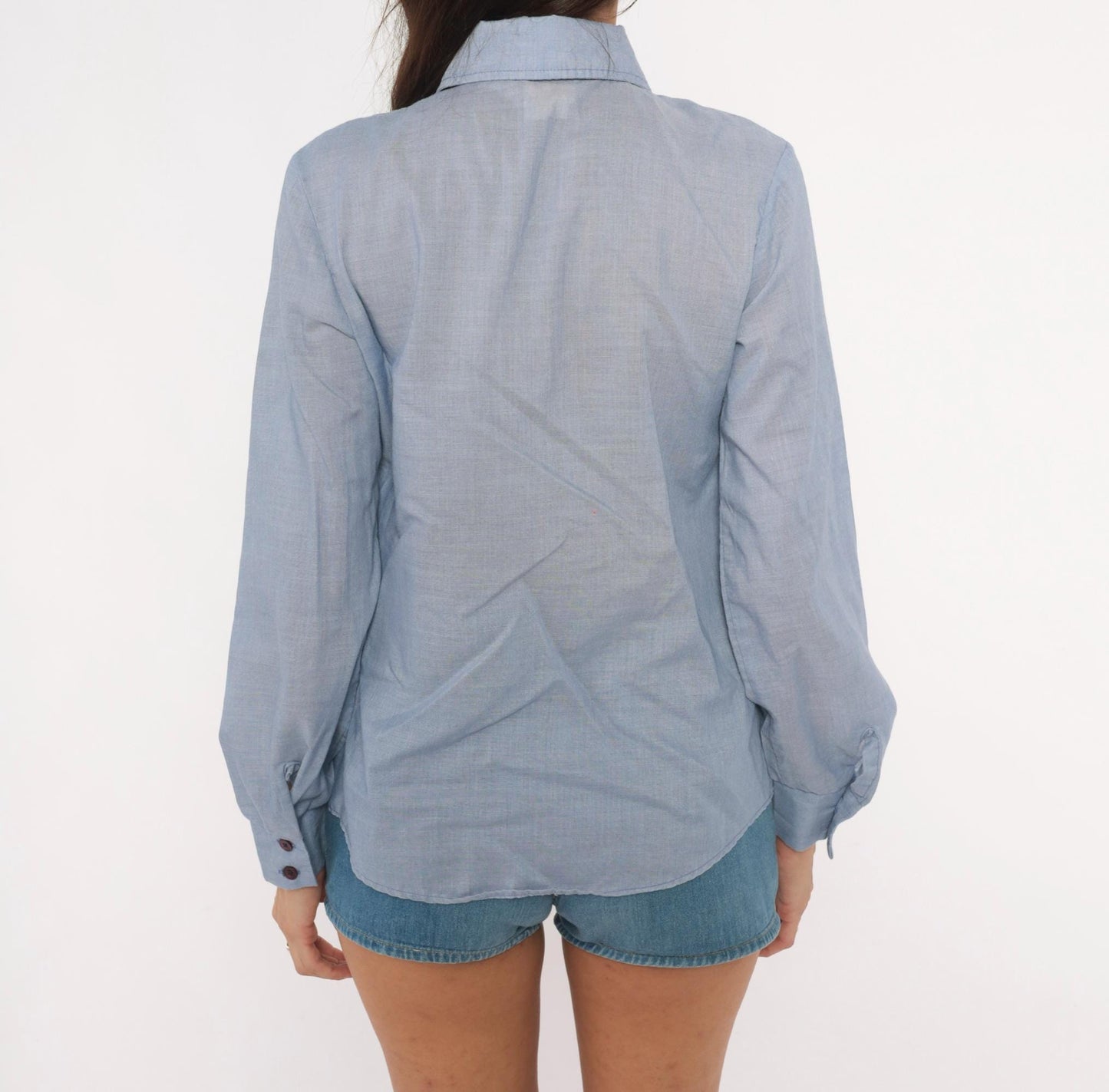70s Paisley Western Chambray Shirt Pointed Collar Cotton Yoke Blouse Medium